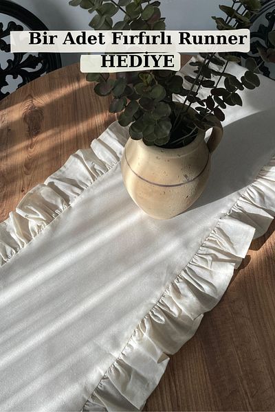 KAMİZ Cotton Boho Pattern Ruffled Linen Runner & 2-Piece Throw Pillow Case Set Gift