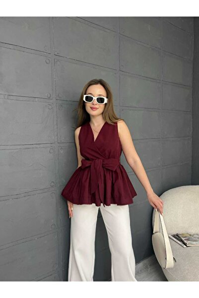 LE CARAMBOLE Women's Burgundy Belted V-Neck Blouse