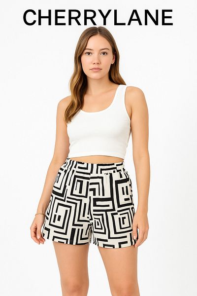 Cherry Lane Geometric Patterned Black Ecru Summer Shorts
