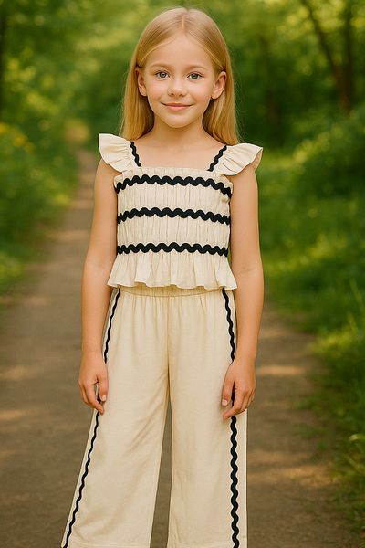 Kidmark Çocuk Modası Girls' Wave Stripe Summer Set – Suspender Blouse & Wide Leg Pants
