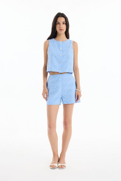 Quzu Scalloped Buttoned Sleeveless Vest Blue