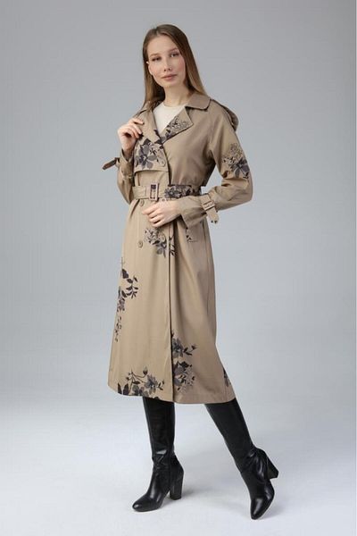 Jamila Floral Patterned Lined Long Women's Trench Coat