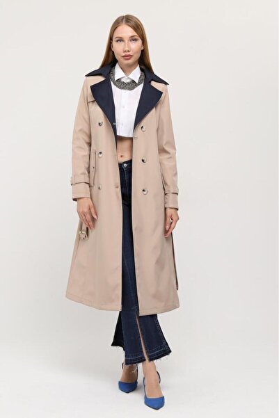 Jamila 1. Kalite Bondit Kumaş Çift Renkli İçi Astarlı Mevsimlik Kadın Trençkot