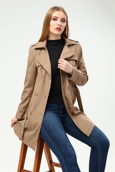 Jamila Women's Large Size Lined Trench Coat Cap