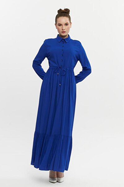 Jamila Düğmeli Büzgülü Kadın Tesettür Elbise