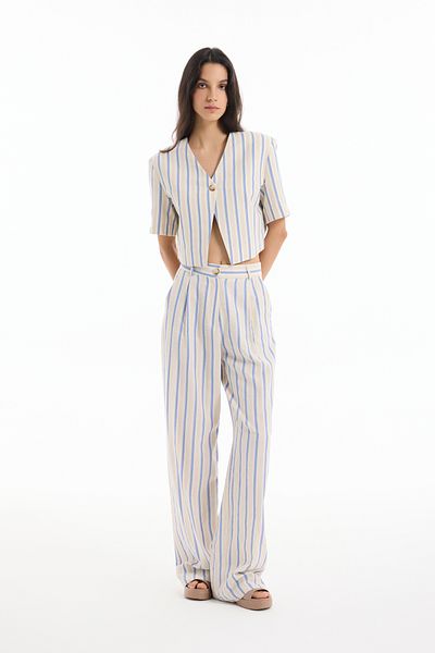 Quzu Thick Striped Straight Cut Trousers Ecru