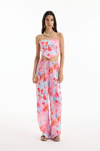 Quzu Floral Patterned Wide Leg Trousers Pink