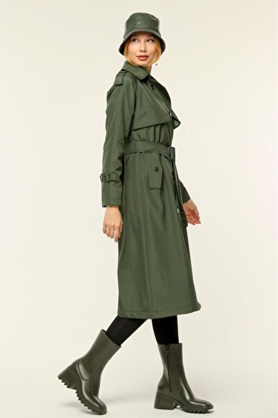 Jamila Çift Cepkenli Mevsimlik Bondit Kumaş uzun Kadın Trençkot