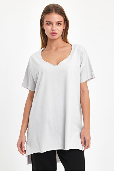 AMAZING CRASH Kadın V Yaka Yırtmaçlı Oversize Basic Tişört