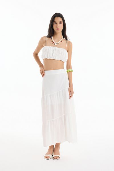 Quzu Flounced Layered Midi Skirt Ecru