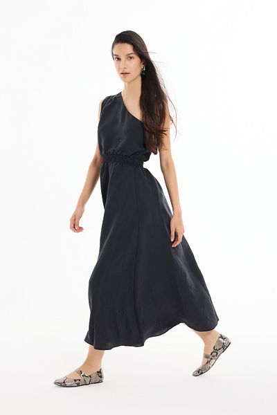 Quzu Elastic Waist One Shoulder Midi Dress Black