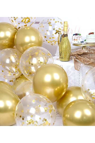 BALON DİYARI 25 Adet Gold, Şeffaf Konfetili Lateks Helyum Balon Seti