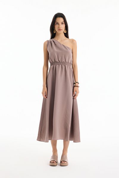 Quzu Elastic Waist One Shoulder Midi Dress Brown