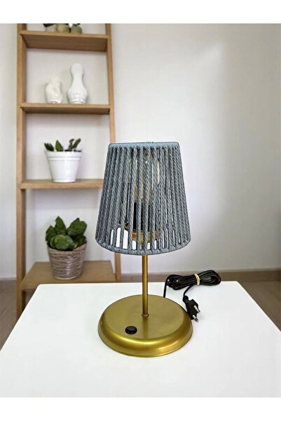 CONANA Lyris - Macrame Lampshade, Mini Table Lamp (Baby Blue Headboard, Gold Leg)