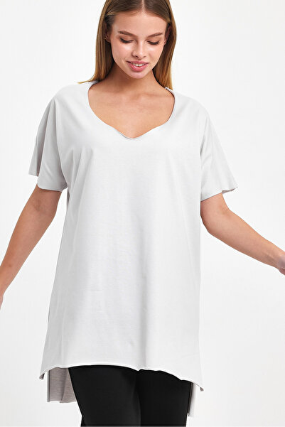 AMAZING CRASH Kadın V Yaka Yırtmaçlı Oversize Basic Tişört