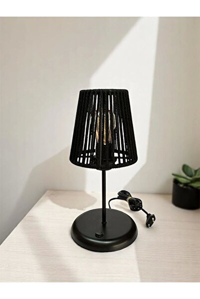 CONANA Lyris - Makrome Abajur, Mini Masa Lambası (Siyah Başlık, Siyah Ayak)