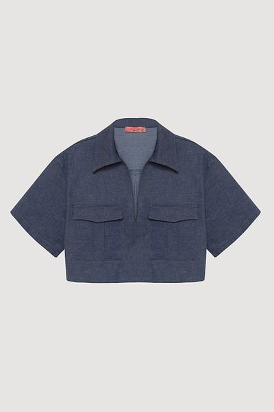 Quzu Denim Look Crop Blouse with Pocket Detail Indigo