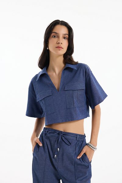 Quzu Denim Look Crop Blouse with Pocket Detail Indigo