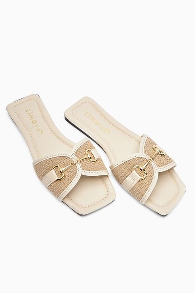 Limoya Elanor Beige Buckle Flat Sole Women's Slippers