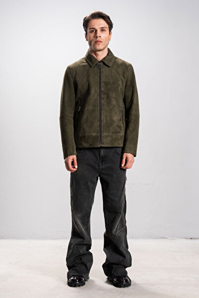 Dericlub DERİCLUB Girona Erkek Gömlek Yaka Slim fit Gerçek Deri Süet Mont HAKİ