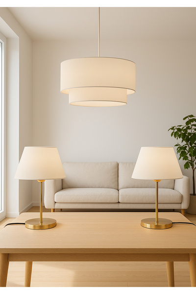 HOMİNG Cream Fabric Cake Deco Pendant Lamp Chandelier and Lara Gold Lampshade Set