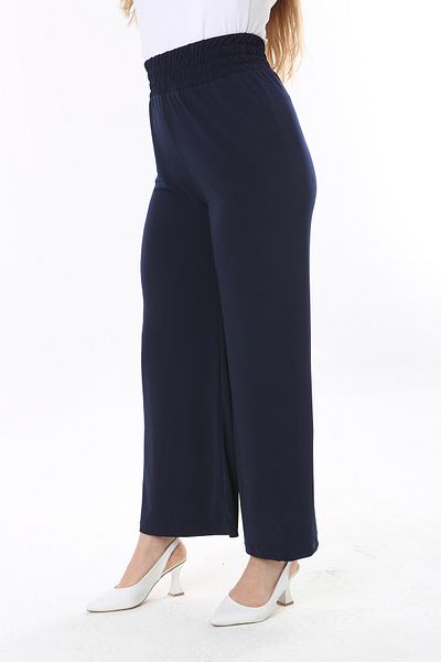 Şans Women's Large Size Navy Blue Wide Elastic Waist Lycra Jersey Trousers 65N37845