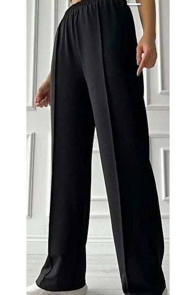 Dagü Design Women's Striped Elastic Waist Wide Leg Summer Black Crepe Trousers