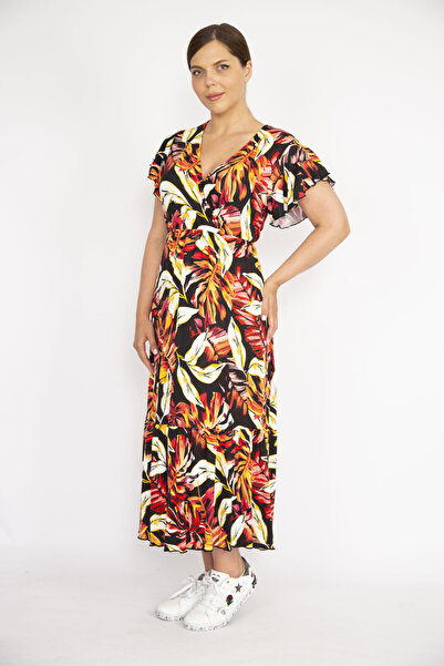Şans Women's Plus Size Colorful Wrap Collar Long Dress 65N37262