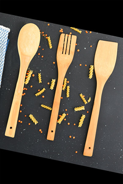 GROZY 3 Lu Bambu ahşap Kaşık Seti Sofra Mutfak Yemek Kızartma