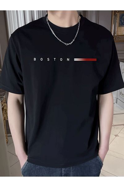 Sweetline Μαύρο μπλουζάκι με μονό ζέρσεϊ Boston Printed - Μπλουζάκι με λαιμόκοψη μεγάλου μεγέθους