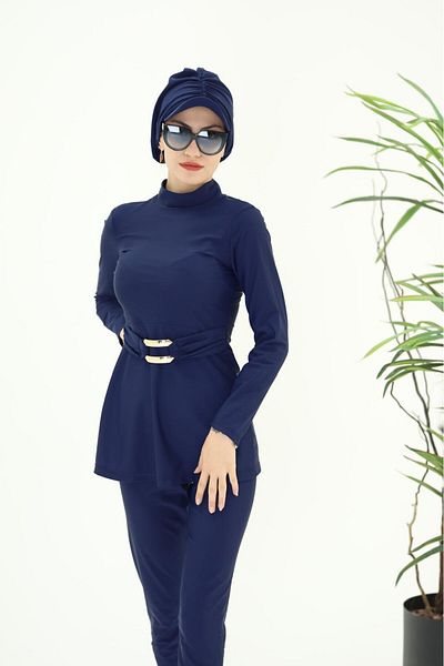 NS Tasarım Tesettür Mayo Aren Gold Buckle Detailed Design Hijab Swimsuit Set