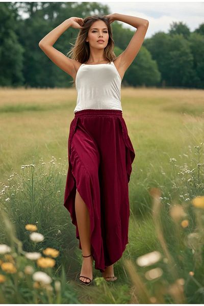 Pasaklı Giyim Women's Burgundy Authentic Elastic Waist Slit Loose Shalwar Skirt Bohemian Trousers 3635280