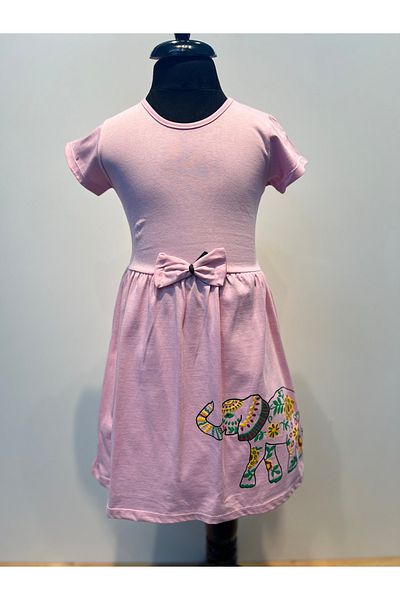 neocotton Fata - Rochie din bumbac pieptanat din bumbac imprimat elefant etnic, maneca scurta