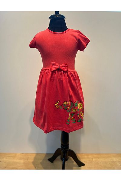 neocotton Girl - Ethnic Elephant Printed Cotton Combed Cotton Dress, Short Sleeve