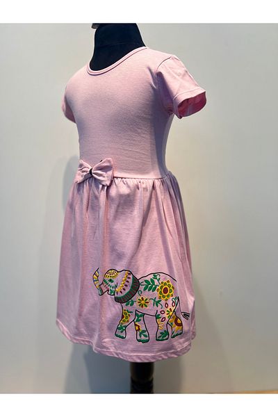 neocotton Fata - Rochie din bumbac pieptanat din bumbac imprimat elefant etnic, maneca scurta