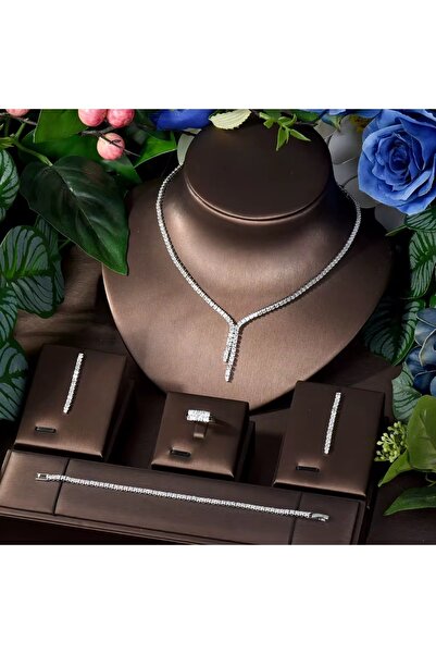 VİYA Elenor Zirkon Taşlı Takı Seti Kolye Küpe Yüzük Bileklik Hediye Set