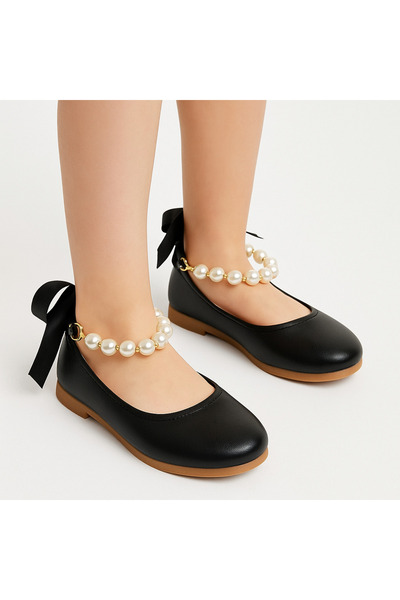 wakawakakidsstore Black Pearl and Ribbon Detailed Girl's Ballerina Shoes