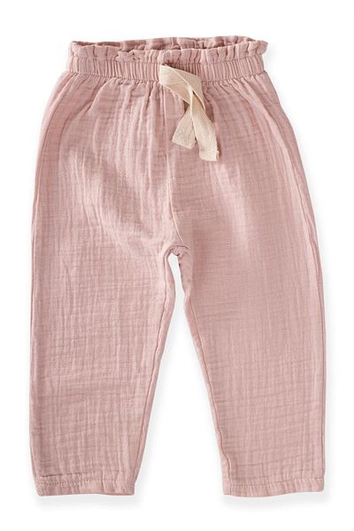 Cigit Organic Waist Ruffled Wide Cut Muslin Trousers Age 1-8 Powder Pink