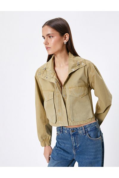 Koton Oversize Short Jacket with Flap Pocket Detail and Stand Collar