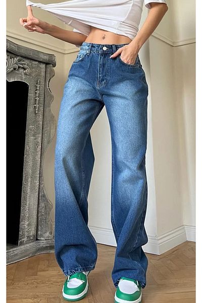 JUNNES General Brands Blue Washed Aesthetic Baggy Wide Leg Jeans