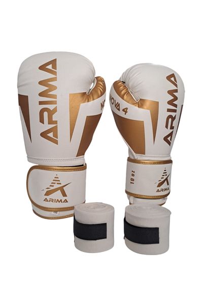 ARIMA Arıma Boxing Kickboxing Muaythai Gloves Nova-4 White-Gold + Bandage Set