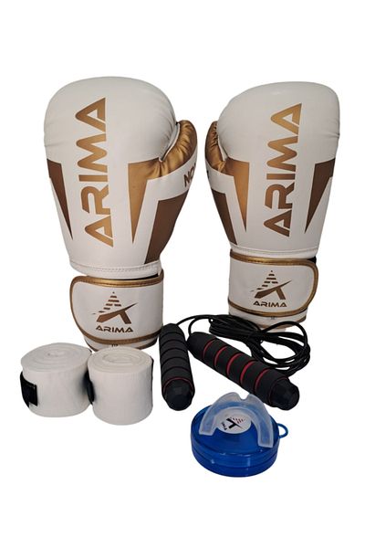 ARIMA Arıma Nova-4 Boxing Kickboxing Muaythai Ediveni White (8Oz-10Oz-12Oz) Jump Rope + Bandage + Mouthguard Set