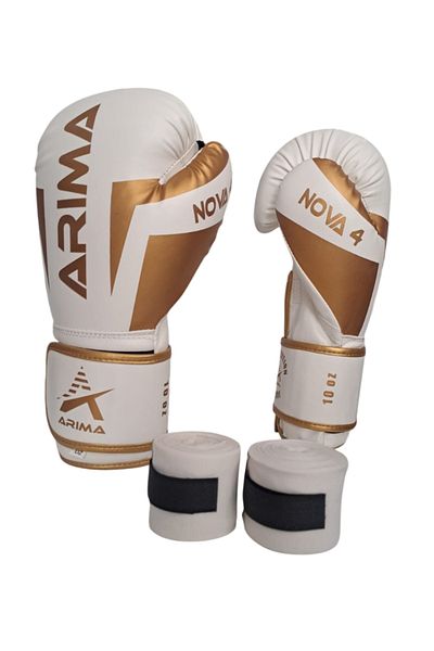 ARIMA Arıma Boxing Kickboxing Muaythai Gloves Nova-4 White-Gold + Bandage Set