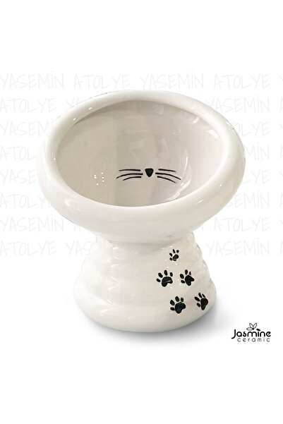 Kedi Mama Kabı,Seramik, Beyaz, Yüksek, Pati, Kedi, Özel, Yeni, Desenli