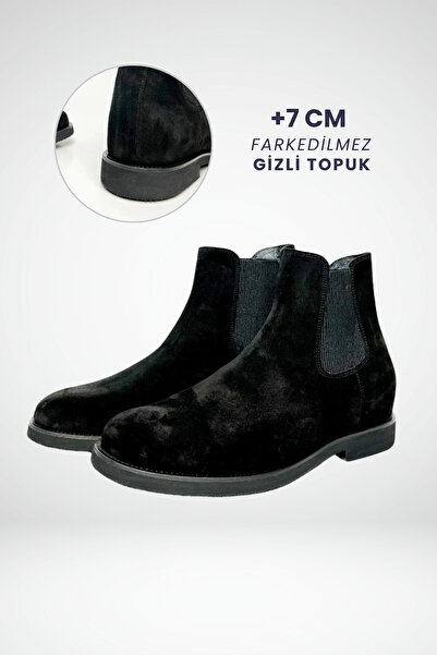 ELEVATION 7 Cm Boy Uzatan Gizli Topuklu Süet Chelsa Bot Erkek - Siyah