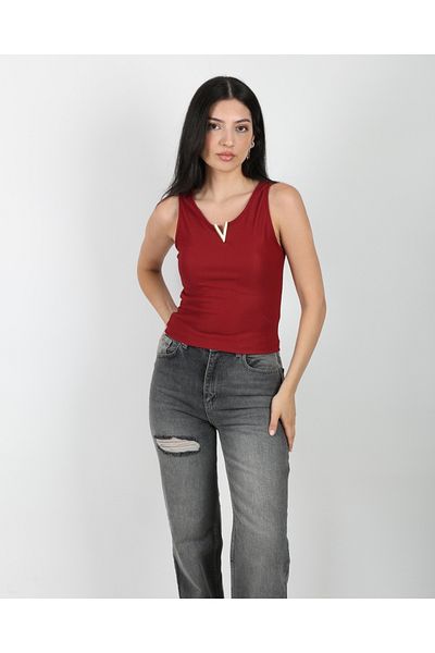 DEQ FASHION Women's Burgundy V-Neck Accessory Ribbed Strap Tank Top
