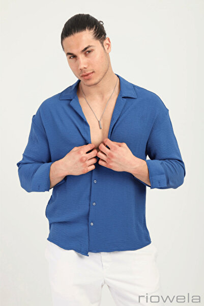 Riowela Erkek Yazlık Dokulu Oversize Gömlek Indigo Mavi