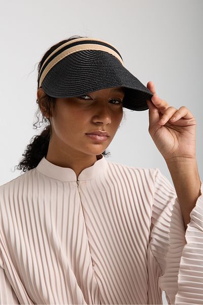 OX-RA Black Wide Brim Sunscreen Straw Visor Hat