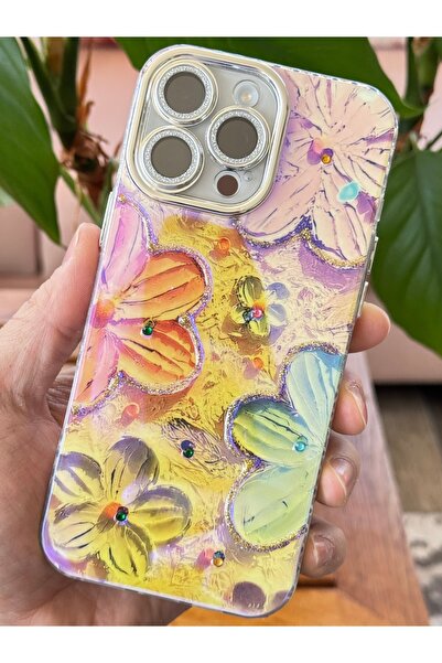 Fibaks iPhone 16 Pro Max Compatible Case Color Changing Stone Camera Lens Protection Shiny Pink Flower Pattern