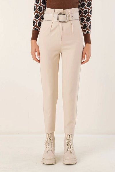 Silerra 6556 Belted Fabric Trousers - Cream